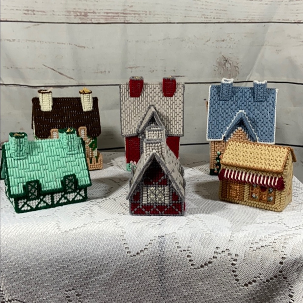 11 Piece Handmade Needlepoint Crafted Village